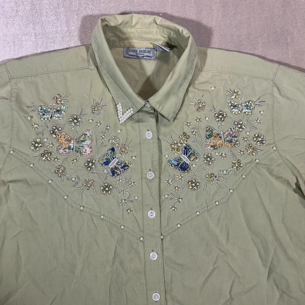 Vintage Jane Ashley Butterfly Beaded Embroidered Button Shirt Women's 22/24